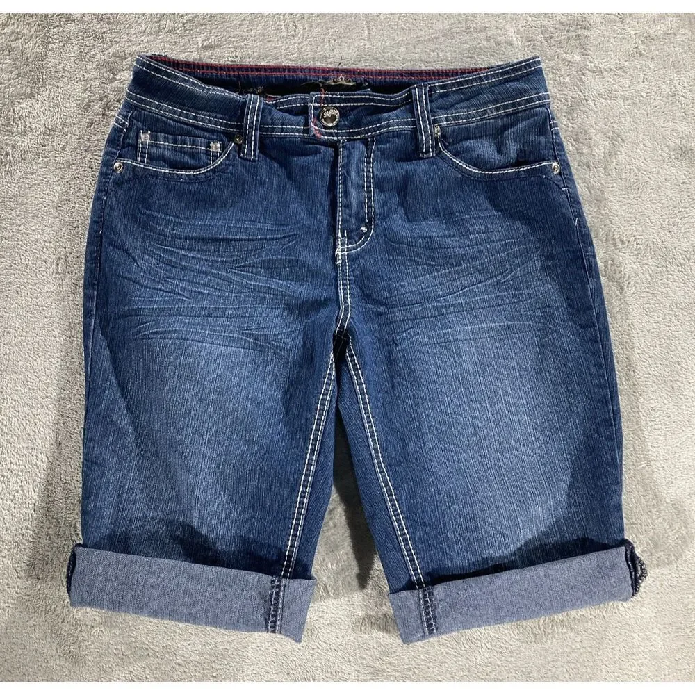 Royalty Jean Shorts‎ Women's Size 8 Dark Wash Cuffed Stretch Large Stitch - Picture 2 of 15